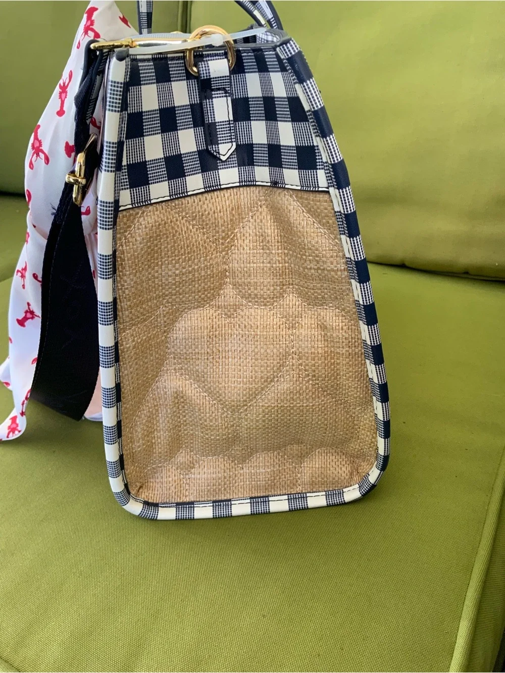 Betsey Johnson Navy and Cream Gingham Straw-Texture Tote with Gold Logo